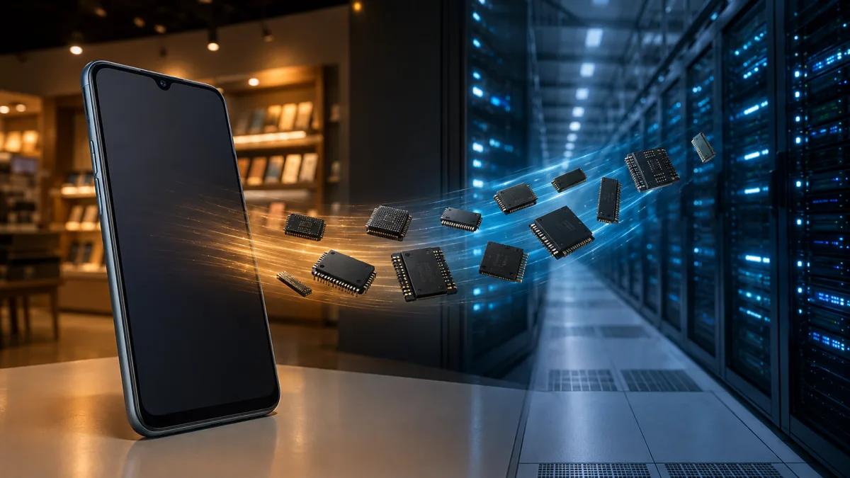 Conceptual illustration of a budget smartphone and AI data-centre servers competing for memory chips.